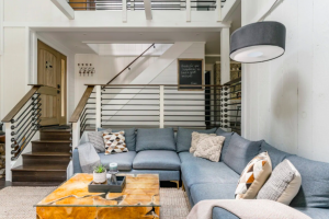 modern living room with blue couch