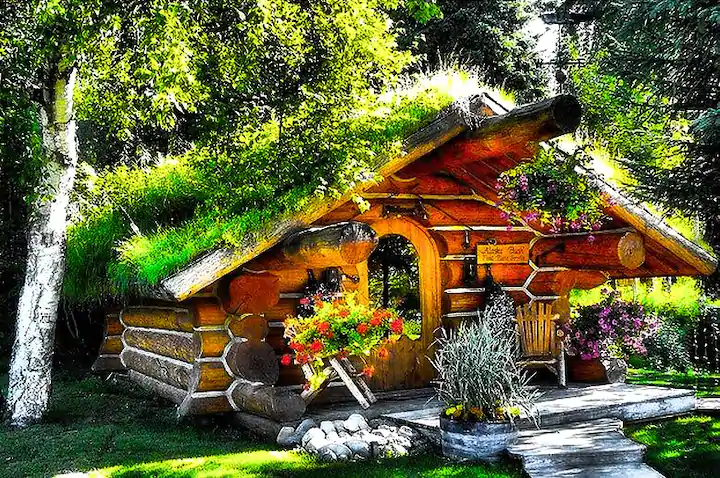 One of the Cute Alaska rental cabins this log cabin has a sod roof and beautiful landscaping.