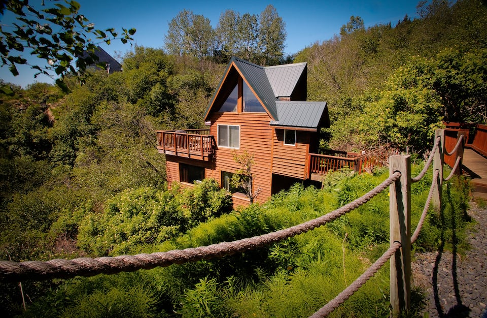 Large wooden cabin in Alaska set on hillside surrounded by lots of trees and greenery.