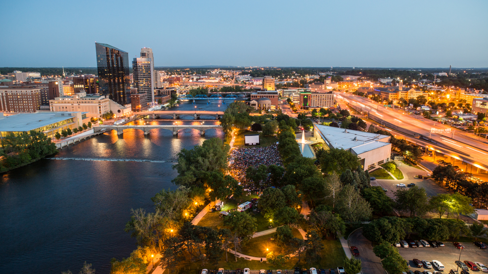 An aerial view of Grand Rapids Michigan at sunset