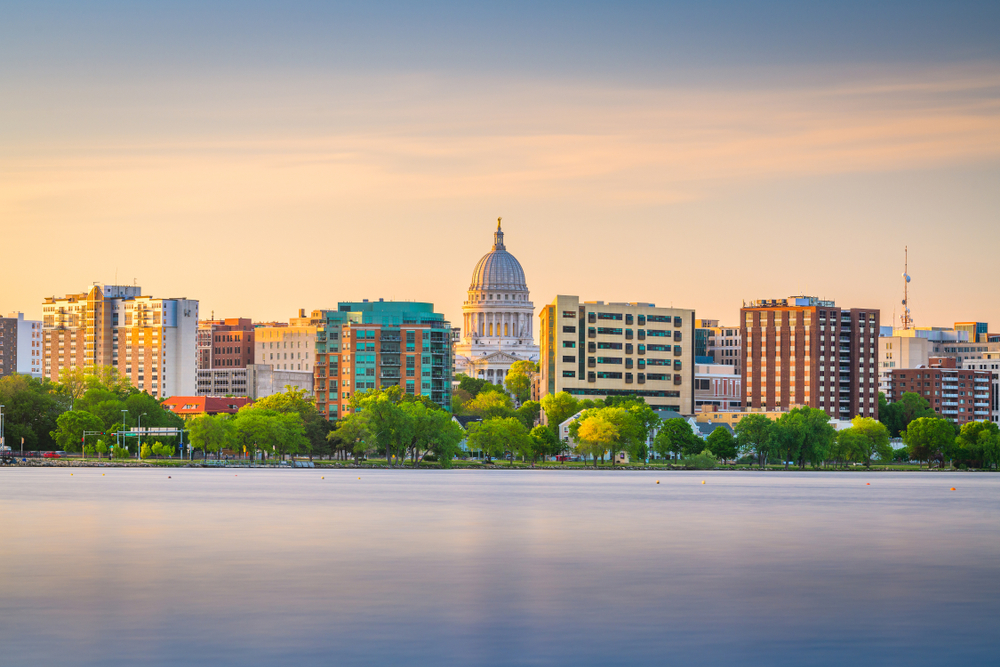 The skyline of Madison Wisconsin at sunset