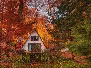 a white a-frame cabin surrounded by maple leaves in the fall