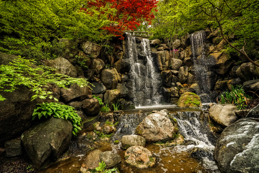 A waterfall at the Japanese Garden in Rockford illinois