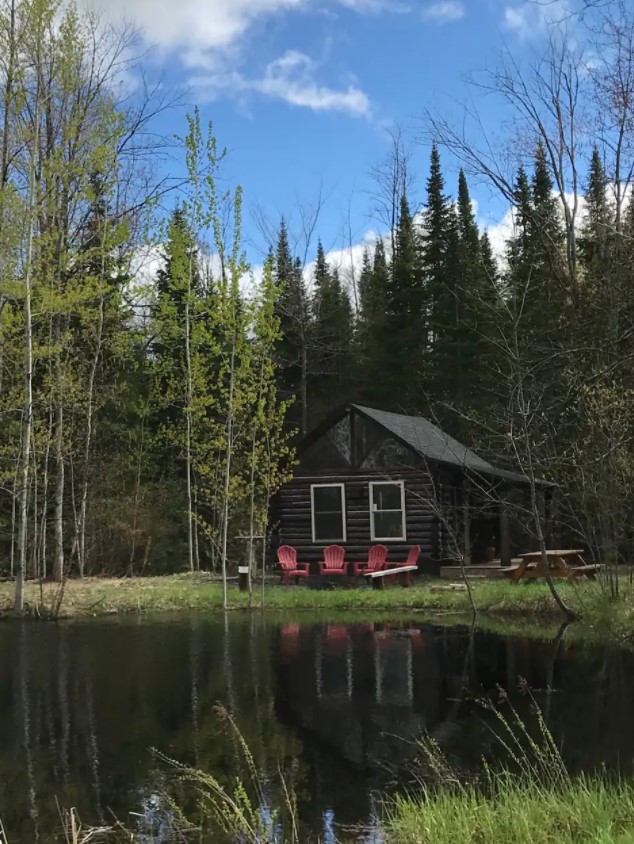 A small cabin that overlooks a small pond with tall trees surrounding it