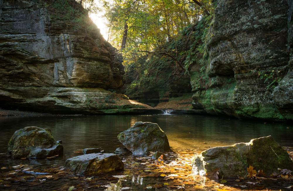 Large rock formations on a river in Starved Rock State Park in Oglesby Illinois