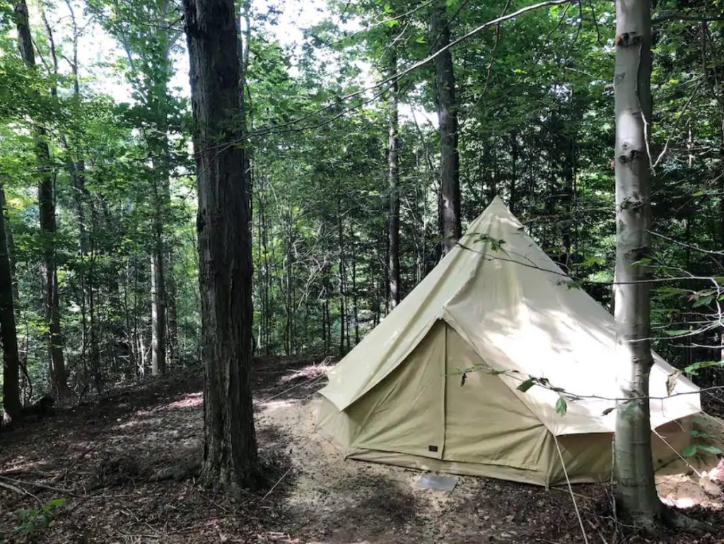 The exterior view of the Woodland Glamping Tent a glamping experience in Ohio