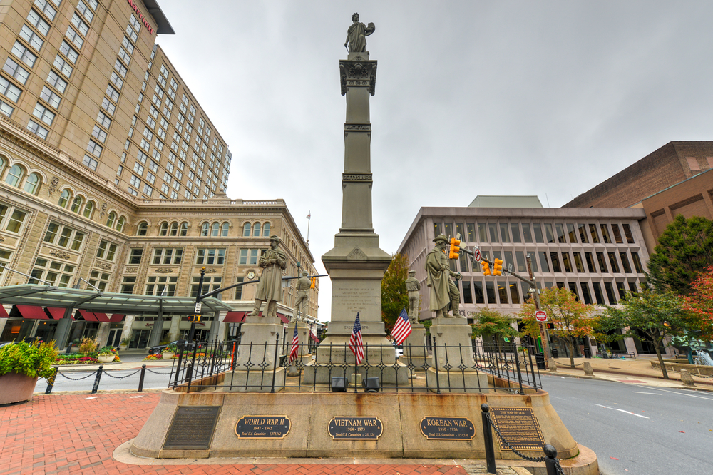 Monuments and American flags in downtown Lancaster, a small PA town.