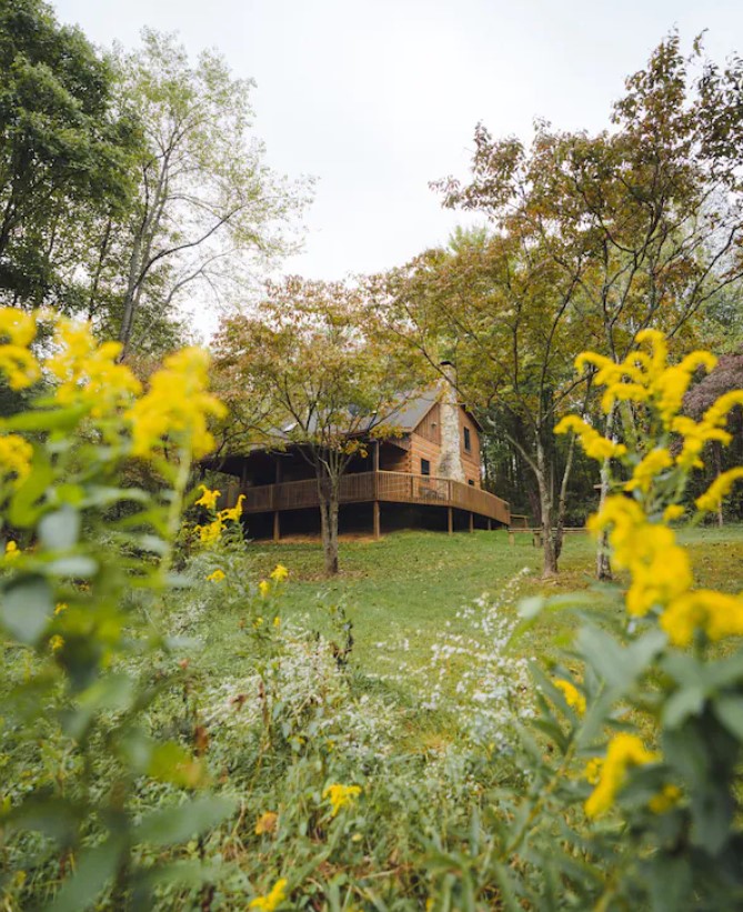 Looking through plants with yellow and white flowers towards a large cabin on a grassy area. It is a classic wood cabin with a wrap around porch and a large stone chimney. There are dense trees behind the cabin with green and orange leaves. One of the best cabins in Hocking Hills