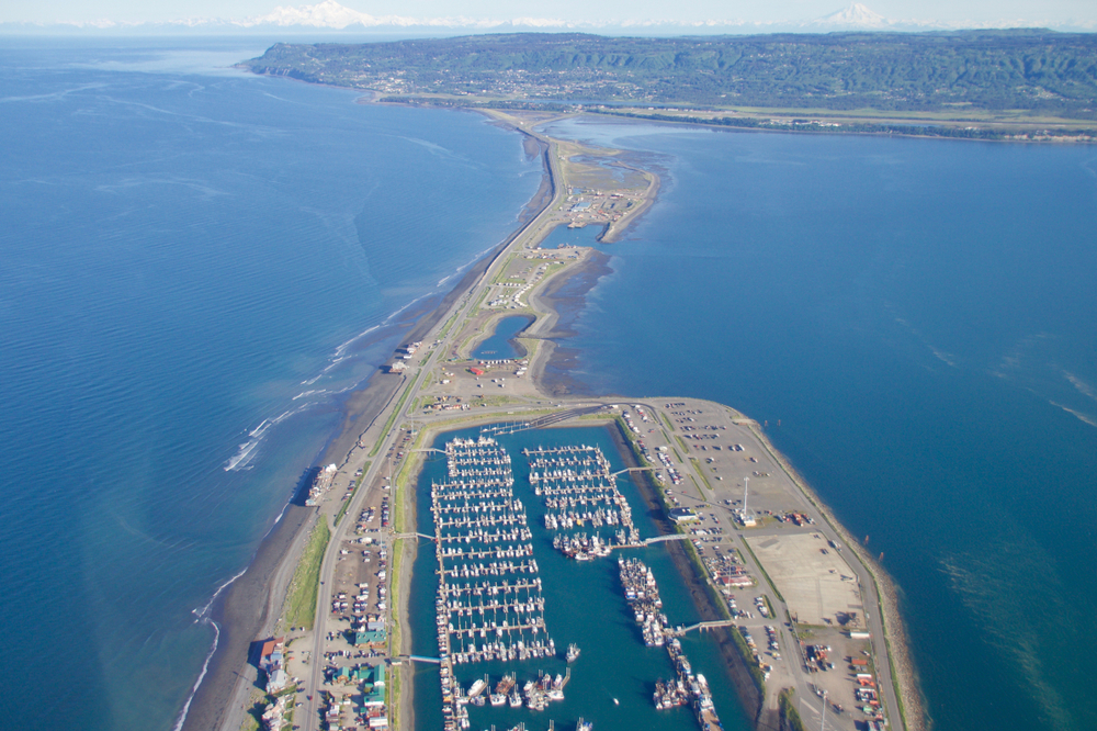 Drone photo of spit of land surrounded by blue water marina with many boats in middle. thing to do in Homer