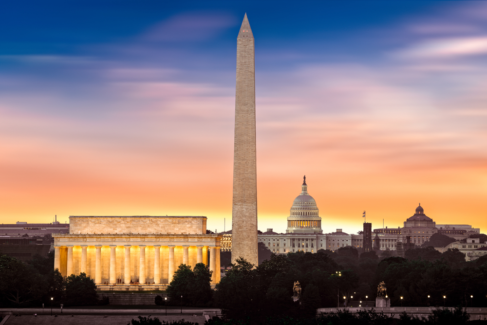 Many of the best places to visit in Washington D.C. on the National Mall at sunset.