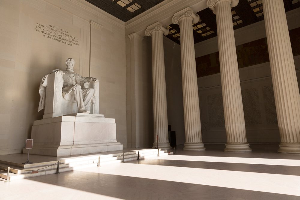 Inside the Lincoln Memorial with stripes of lights.