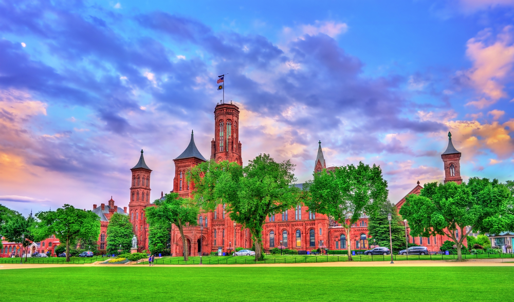 The beautiful Smithsonian Castle at sunset.
