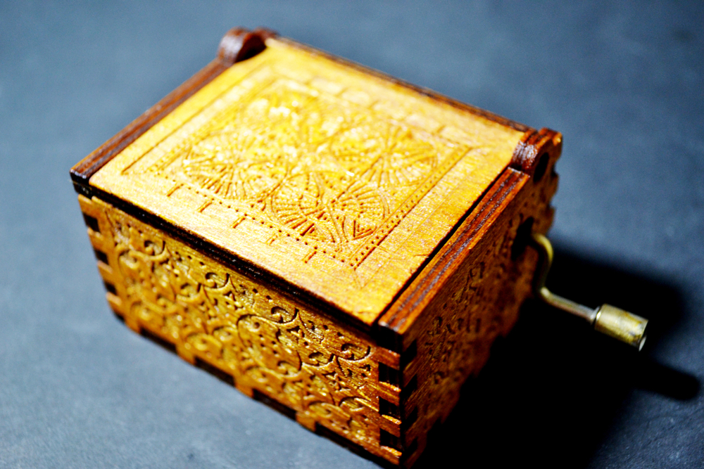 A close up of an intricately carved antique music box with a worn bronze handle. 