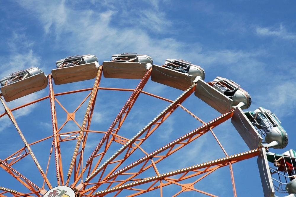 A silver rocket Ferris Wheel at Kennywood, an old amusement park outside of Pittsburgh. 