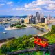 The view of the Pittsburgh skyline from the Monongahela Incline. It is a box car ride up the side of a mountain. You can see another box car going up the mountain in the picture as well. Its one of the best things to do in Pittsburgh.