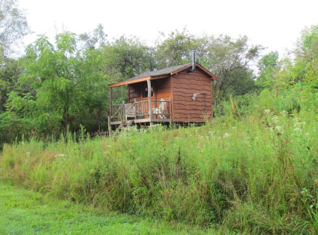 A rustic cabin with a small front porch. It is sitting in a grassy field surrounded by trees and tall grasses. One of the best places for glamping in Ohio. 