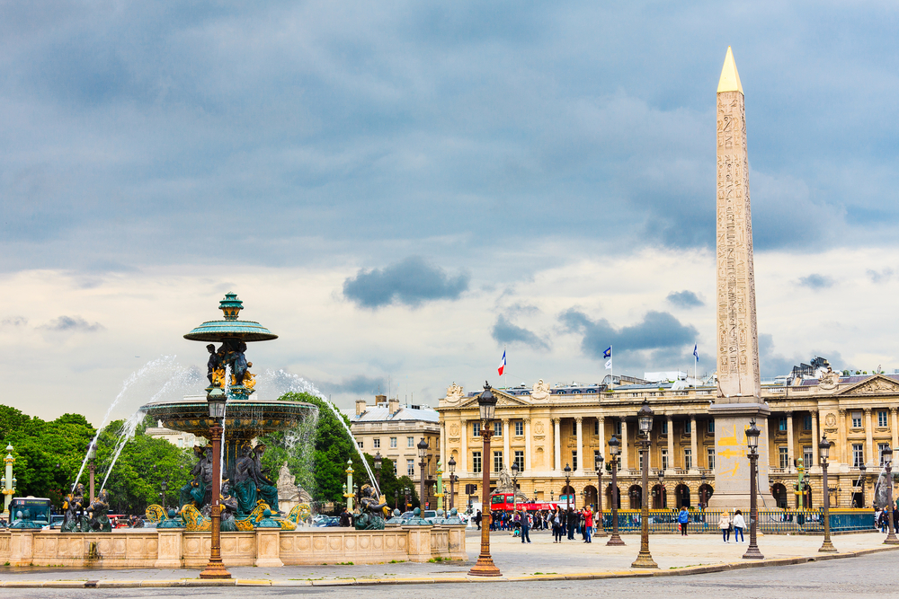 Place de la Concorde with a fountain and Egyptian obelisk.