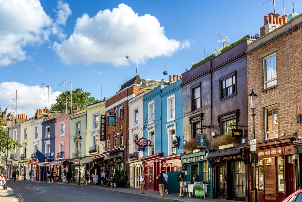 The colorful shop fronts of the Portobello Road Market in London.