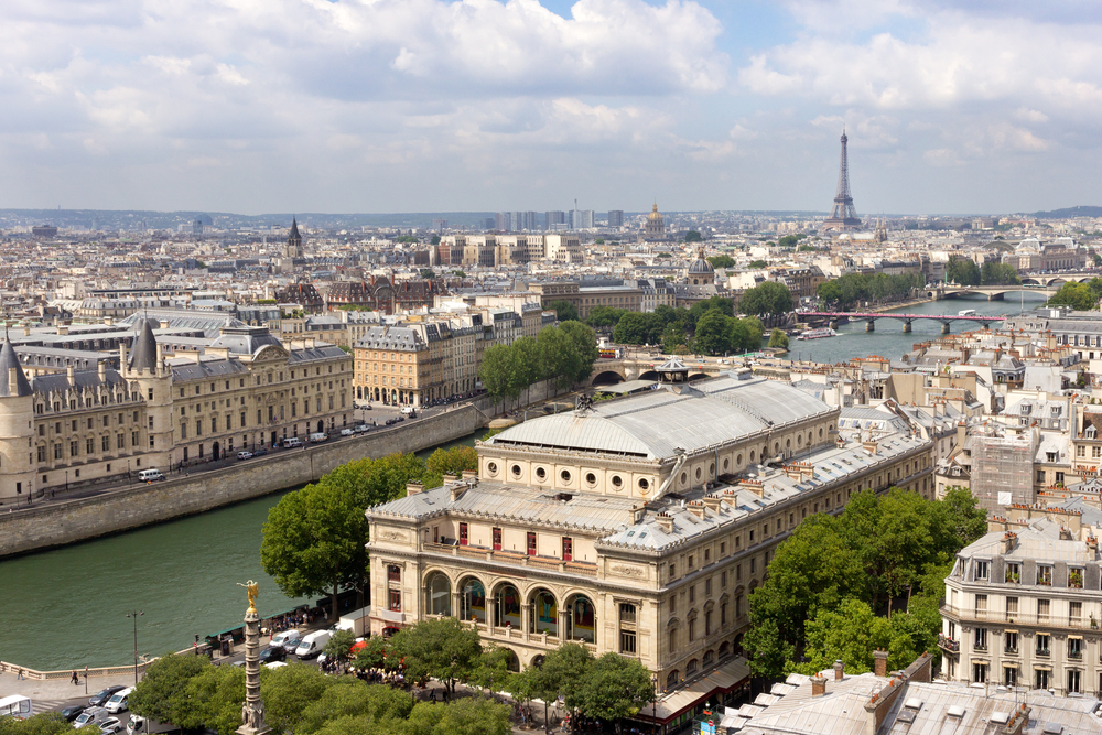 View from a top the Tour Saint-Jacques with the Chatelet Theatre and river below.