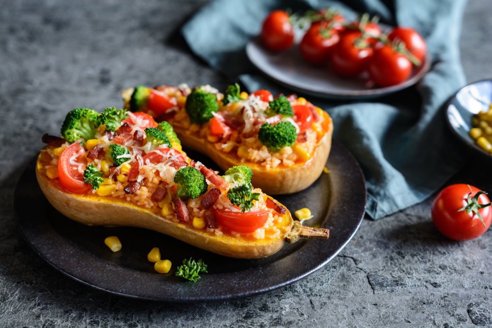 Roasted Butternut Squash stuffed with rice, bacon, broccoli, tomato, corn and cheese. The article is about restaurants in Dublin