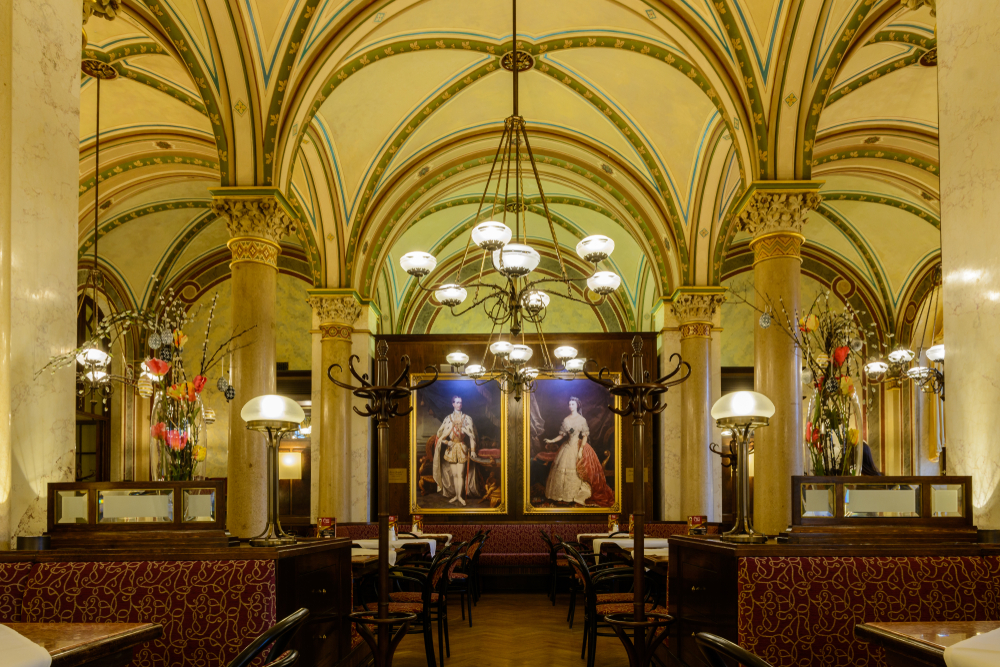 The beautiful interior of the traditional Café Central, one of Vienna's most famous and most prestigious coffee houses without people