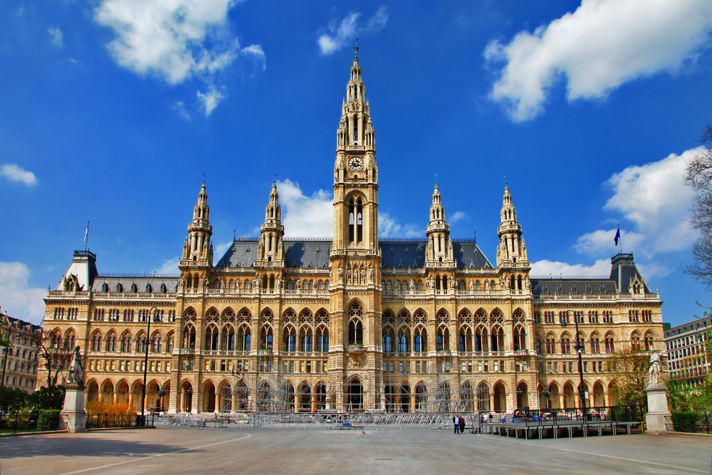 The front exterior of the famous Rathaus municipal building, an elaborate Gothic style building in Vienna