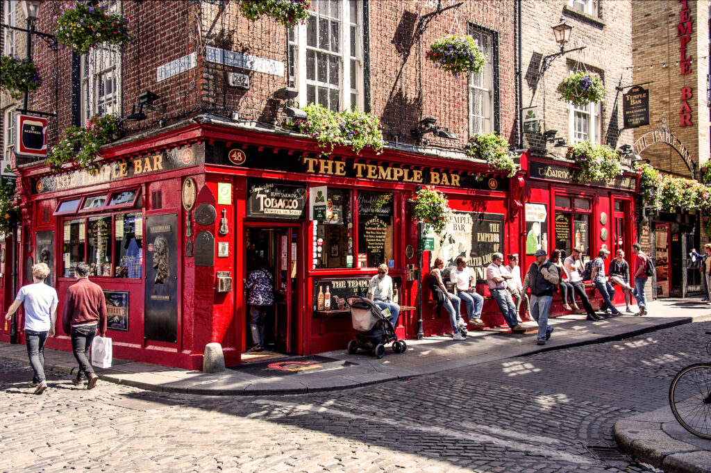 The front exterior of the famous red Temple Bar, one of the best pubs in Dublin