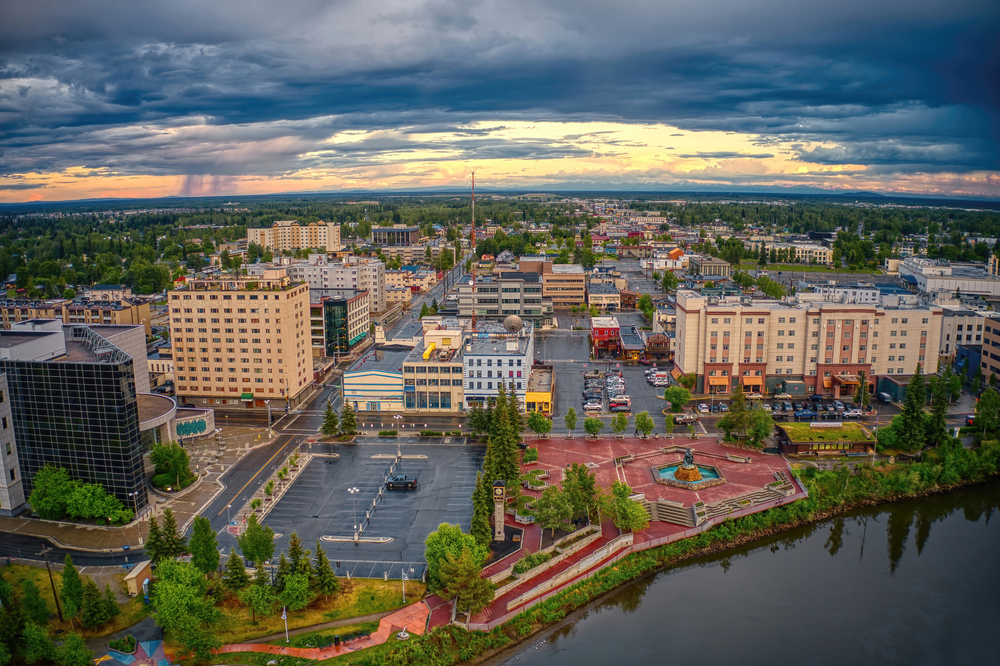 Aerial view of downtown Fairbanks at sunset.
