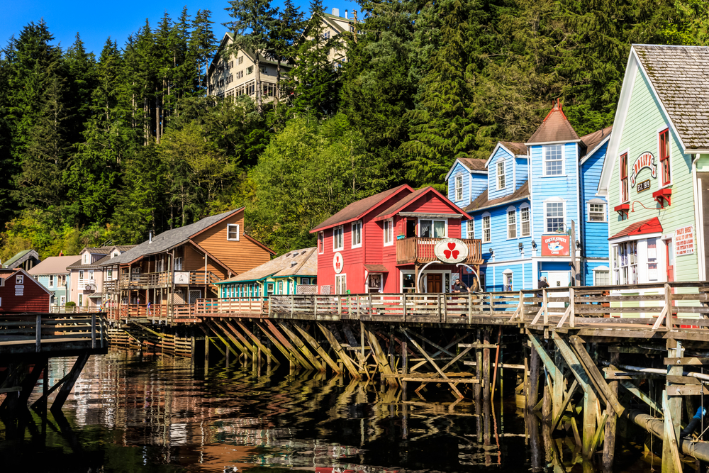 Colorful buildings along the boardwalk of Creek Street in Ketchikan.