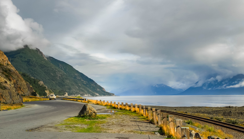 Pull off along the Seward Highway with views of the Turnagain Arm on a cloudy day.