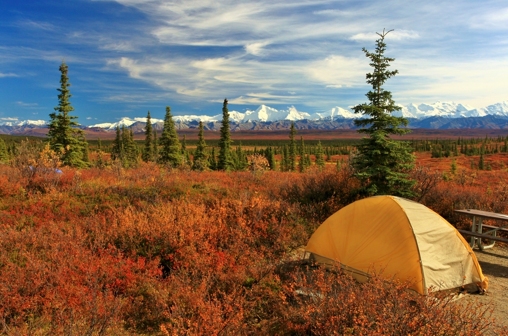 Camping in the middle of nowhere with a view towards the mountains in fall.  The article is about camping in Alaska.  