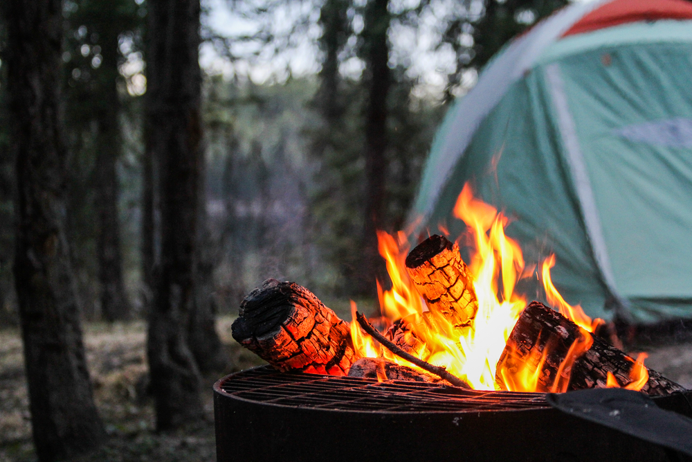 Fire in front of a tent in the woods. 