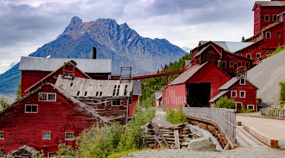 Kennecott Mine Town near McCarthy Alaska. Red buildings climbing the side of the mountain. Located in Wrangell-St Elias National Park one of the national parks in Alaska. 