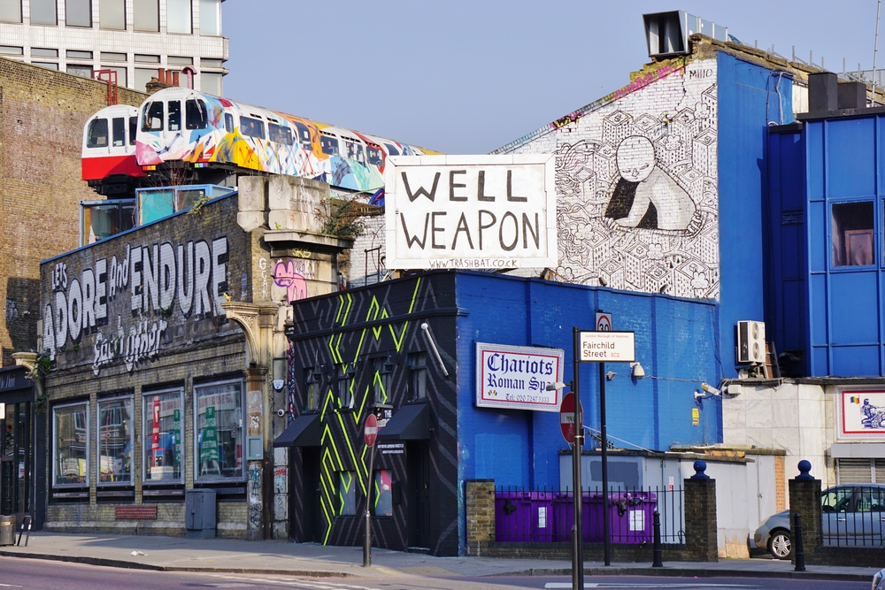 Painted walls and graffiti art are scattered in the Old Street, Brick Lane and Shoreditch area in East London