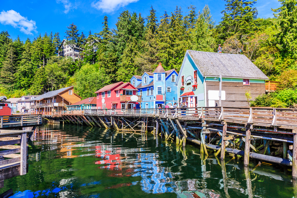 Colorful houses n Boardwalk Alaska in May