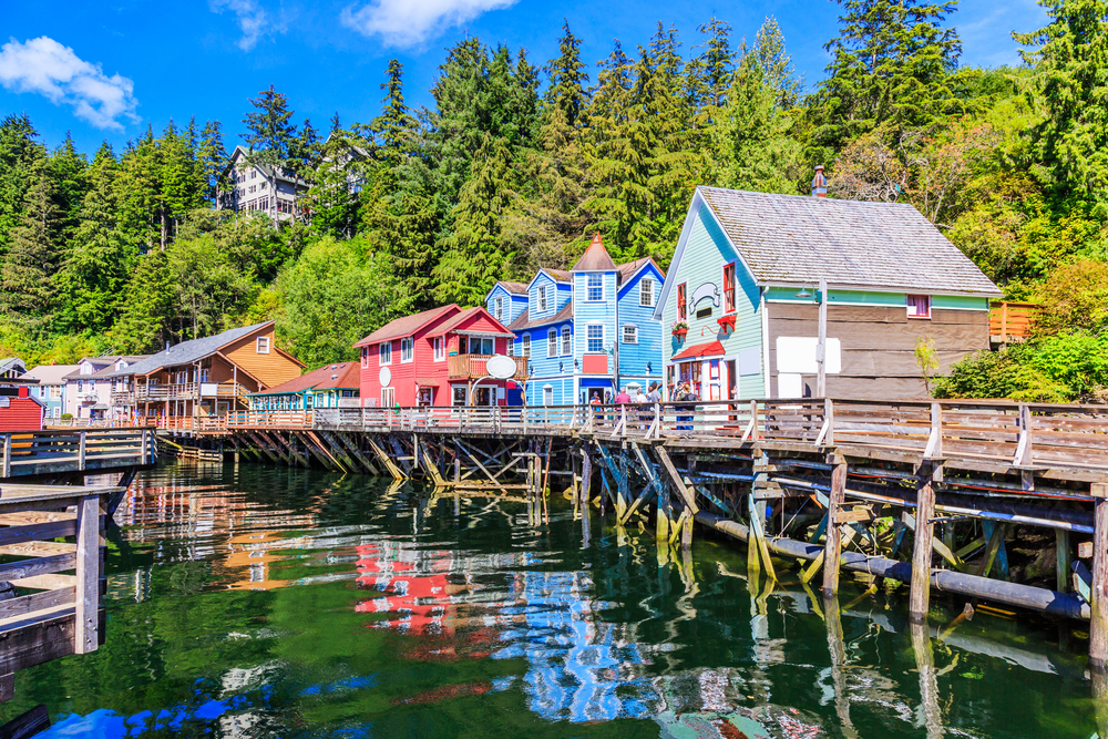 Colorful buildings along a boardwalk in Ketchikan, Alaska.