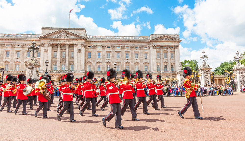  The band of the Coldstream Guards marches in front of Buckingham Palace during the Changing of the Guard ceremony.