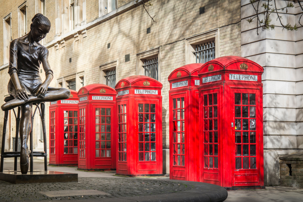 Ballerina Statue and row of red phone boxes outside the Royal Opera House