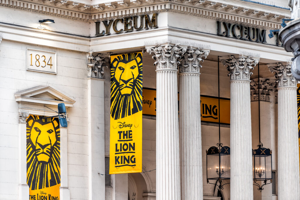 Street road with sign in the Strand in Covent Garden for Disney Lion King Lyceum theatre