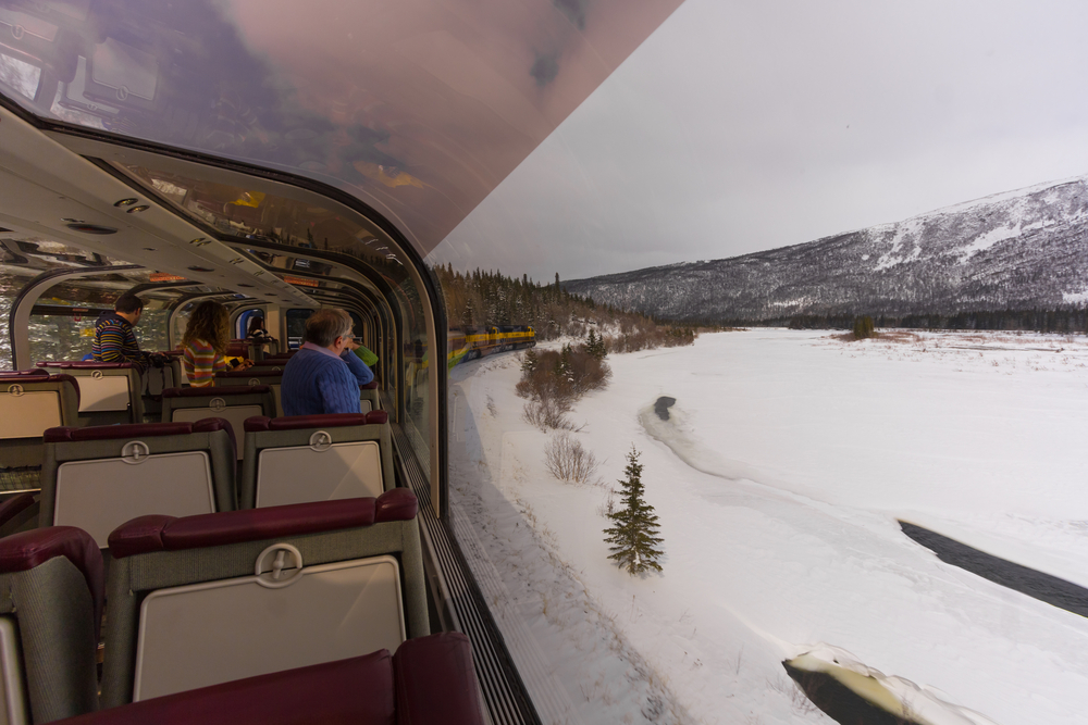  Tourist enjoy the view from Alaska Domed Train on the way to Denali National Park.