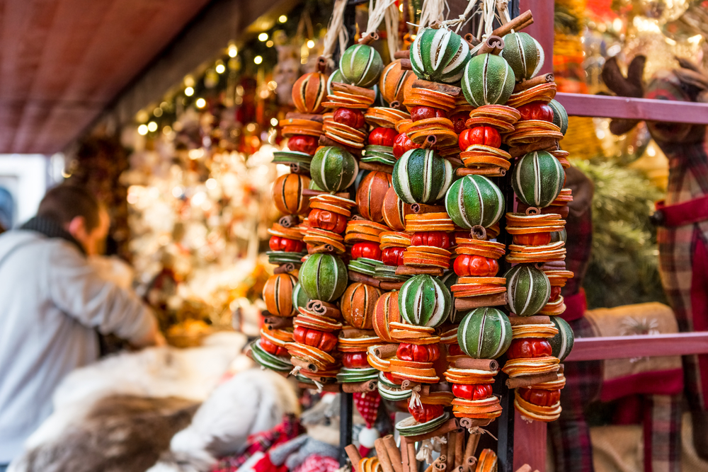 Festive Dried Fruit Hangings at a Booth at a London Christmas Market in England. 