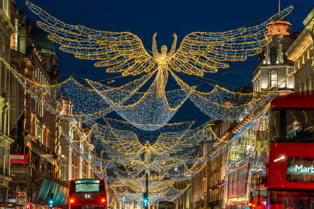 Regent Street’s Christmas lights display known as The Spirit of Christmas features 300,000 twinkling lights and provides an iconic sight during the festive season. The article is about London at Christmas 