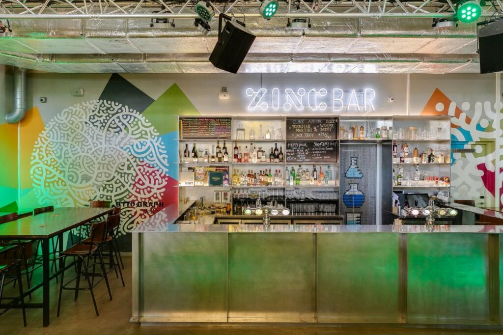 The vibrant ZincBAR at the ClinkNOORD Hostel in Amsterdam.