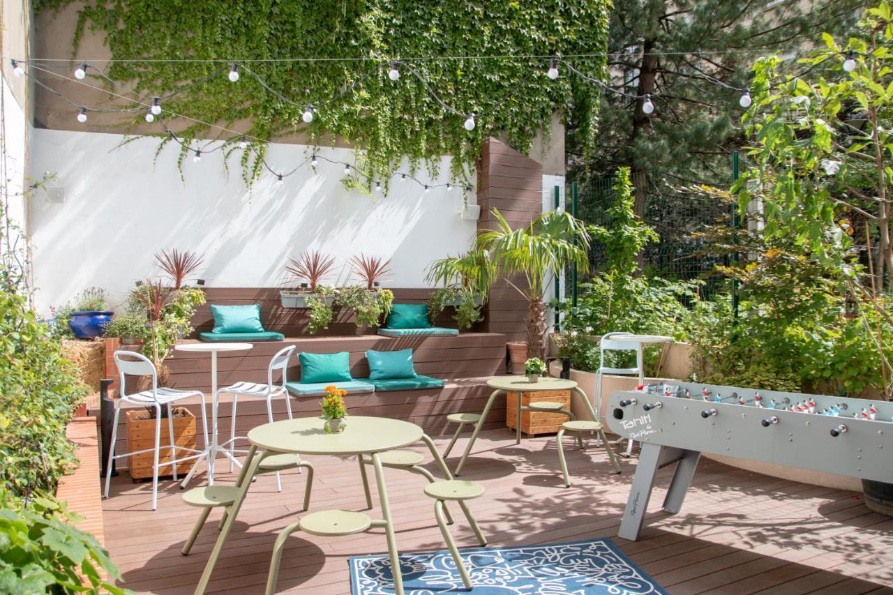 Outdoor patio at one of the best hostels in Paris