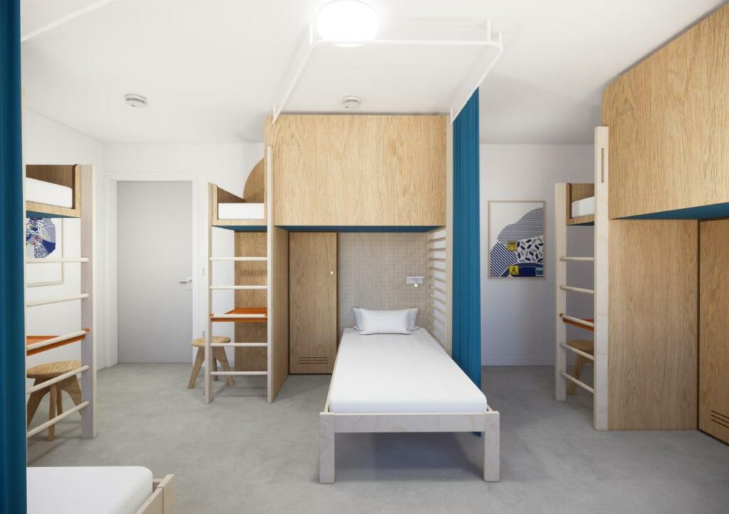 Modern and simple dorm room at the UCPA Sport Station Hostel in Paris.