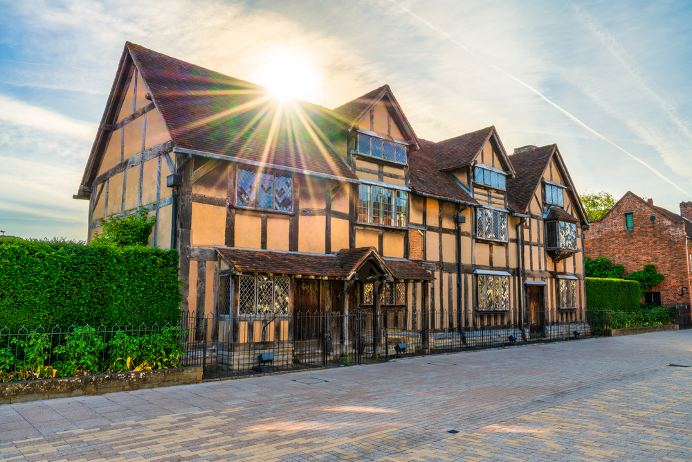William Shakespeares birthplace place house at sunrise on Henley street in Stratford upon Avon in England, United Kingdom. It's an old tudor building 