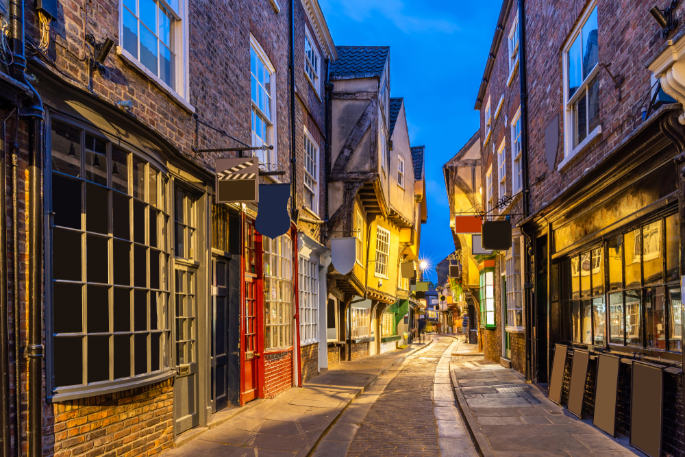 York shambles alley sunset dusk, York England UK. One of the day trips from London by train. 