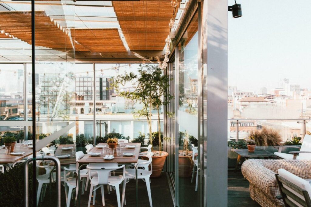 Beautiful garden terrace on a rooftop bar in London.