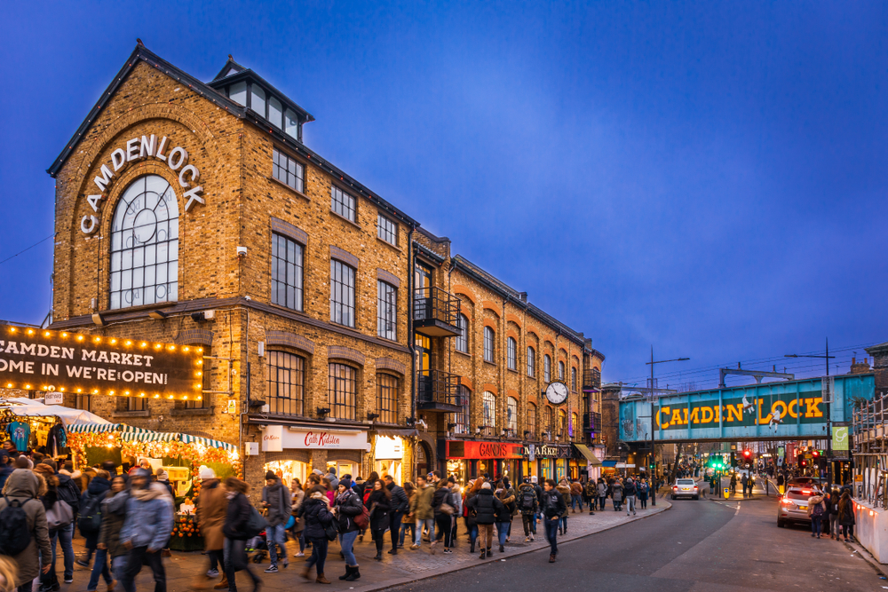 Evening photo of the exterior of the Camden Market.