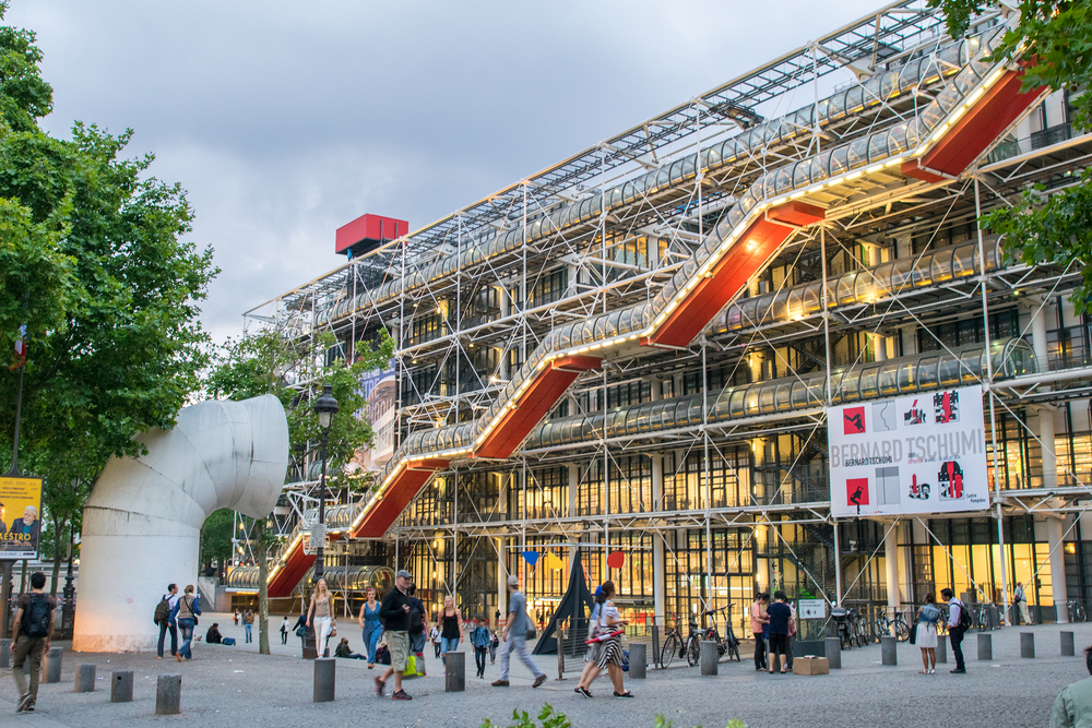 The exterior of the industrial looking Centre Pompidou in Paris.